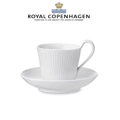 [해외] 로얄코펜하겐 White Fluted High handle cup &amp; saucer, 8.5oz 2인조(4pcs)
